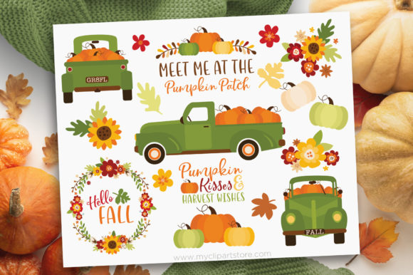 Green Pumpkin Truck Clipart Fall Autumn Graphics